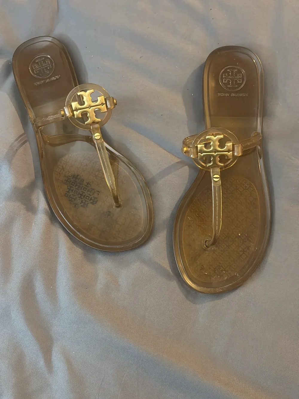 Tory Burch Brown Jelly Miller Logo Thong Sandals with Gold Medallion